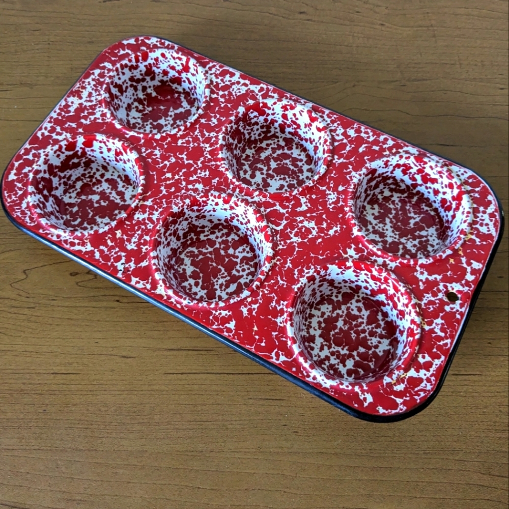 Vintage red speckle enamelware muffin pan